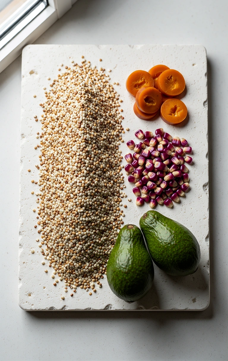 Ingredientes naturales peruanos sobre piedra