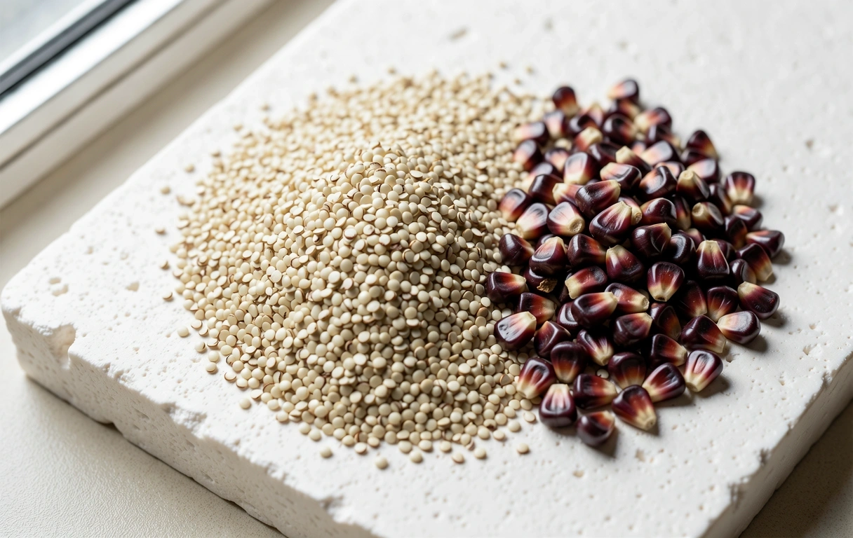 Ingredientes peruanos ancestrales sobre piedra caliza